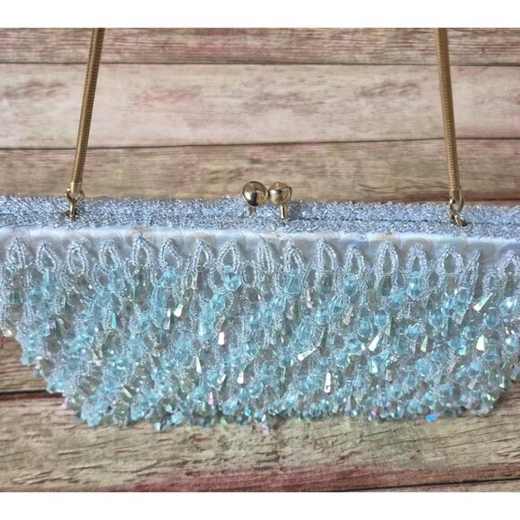 Vintage La Regale AB Dangle Bead Evening Bag Purse Kiss Lock Gold Chain Strap - Picture 6 of 9